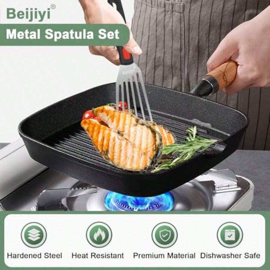 Juego de Espátulas de Acero Inoxidable, Espátulas de Cocina con Mango de Silicona, Resistentes, para Sartén de Hierro Fundido, Panqueques y Pescado - plateado - Ver 1