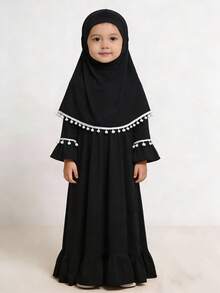 Bộ 2 món gồm váy dài tay màu trơn và khăn trùm đầu dành cho bé gái Hồi giáo. - màu đen - Xem 1