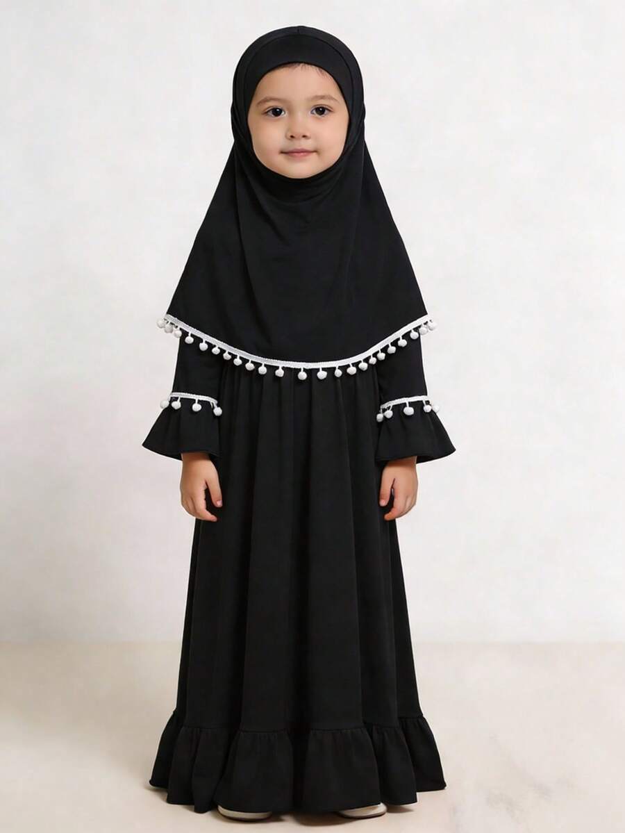 Bộ 2 món gồm váy dài tay màu trơn và khăn trùm đầu dành cho bé gái Hồi giáo. - màu đen - Xem 1