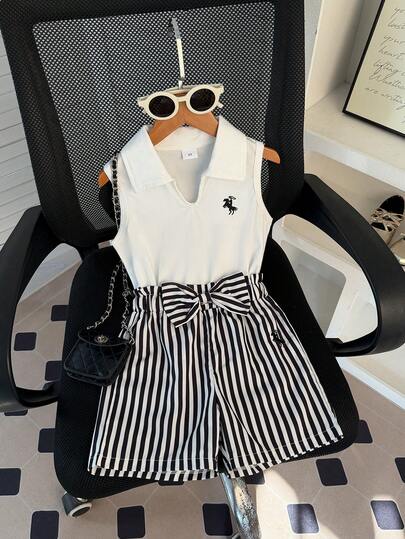 2pcs Girls' Summer Fashion Casual White Collar Sleeveless Top With Black Embroidered Decor, Paired With Black & White Striped Shorts Set, Suitable For Street, School, And Daily Wear