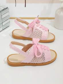 1 Pair Girls' Summer Flat Sandals, Pink Fabric Upper With Lace, Hook And Loop Strap At Heel, Round Toe, Fashion New Style Suitable For Daily Wear - Pink - View 3