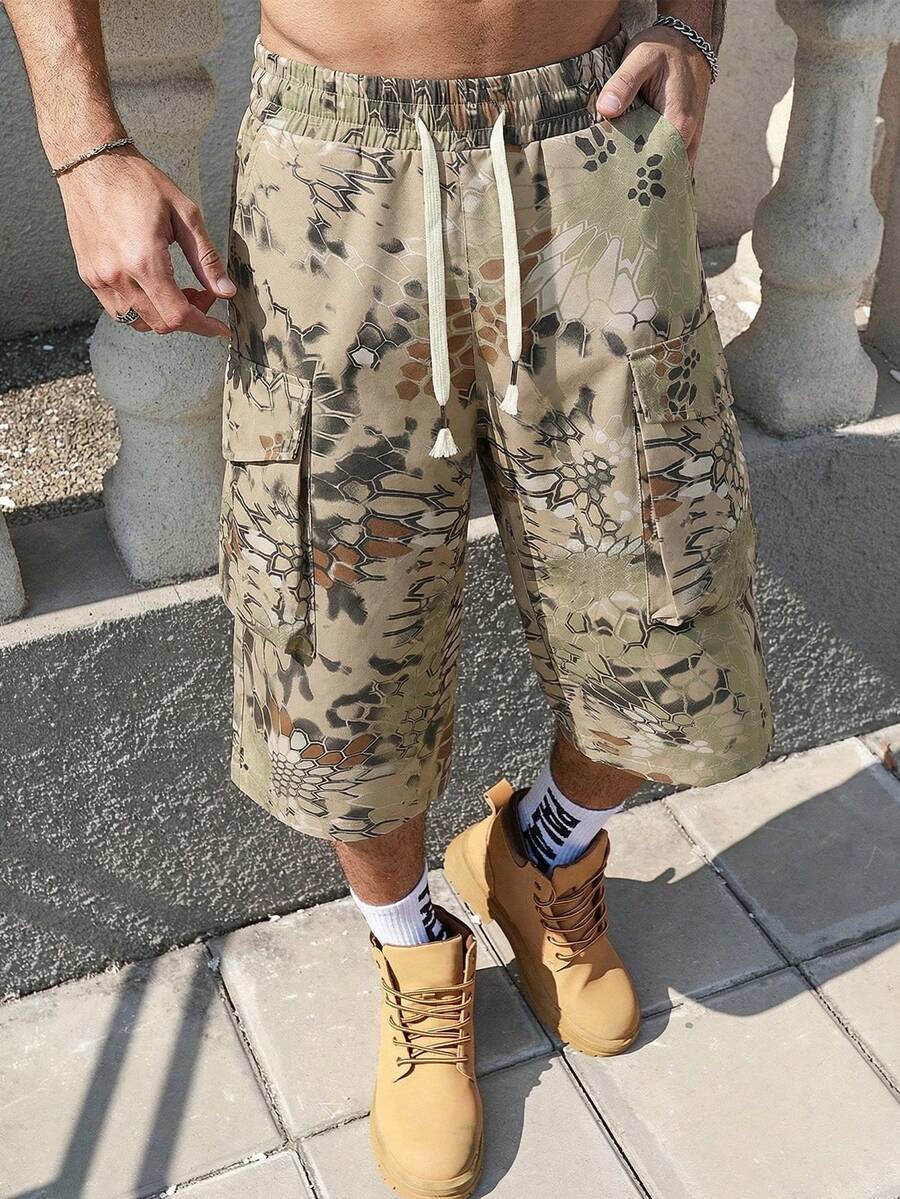 男士夏季蛇纹迷彩多口袋时尚休闲工装七分裤 - 黃色 - 查看 1
