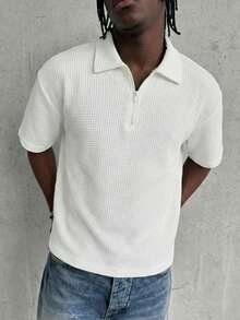 GRDR 1件简约纯色短袖拉链Polo衫，男士休闲上衣 - 白色 - 查看 2