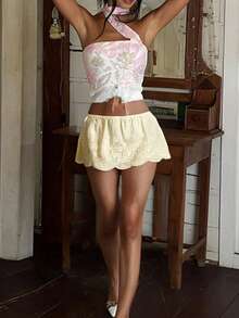 Women Lace Mini Skirt Ruffle Pleated Flowy Short Skirts Low Rise Layered Tiered Skirt - Yellow - View 4