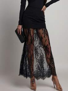 Nueva falda transparente con parches de encaje elegante, adecuada para citas y vacaciones a principios de primavera - Negro - Ver 14