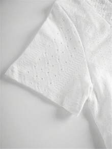 Perforated Embroidery Square Neck T-Shirt, Casual Short Sleeve Pleated Front Top, Women Apparel For Spring/Summer - White - View 7