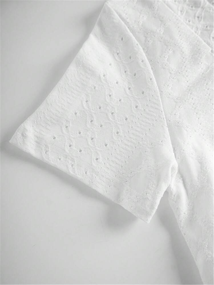 Perforated Embroidery Square Neck T-Shirt, Casual Short Sleeve Pleated Front Top, Women Apparel For Spring/Summer - White - View 7