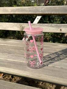 Reusable Bow Print Glass Cup With Lid & Straw - Leak-Proof Transparent Beverage Cup Suitable For Iced Coffee, Bubble Tea - Multicolor - View 6