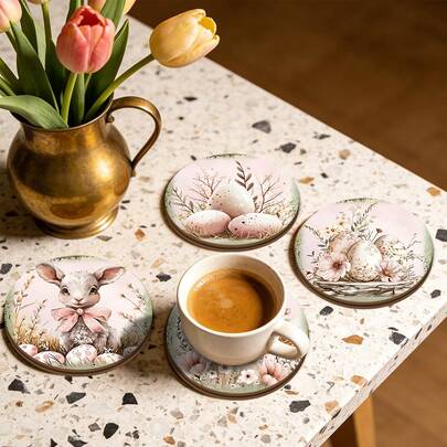 Set de 4 posavasos de estilo vintage con patrones de conejo y huevo de Pascua, posavasos redondos de madera rústica con base resistente al calor y antideslizante, adecuados para tazas de café y té, suministros para fiestas de Pascua.
