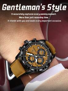 POEDAGAR 1件男士时尚休闲石英日历计时腕表，PU皮表带，防水夜光，适合日常佩戴，男士礼物 - 黑色 - 查看 3