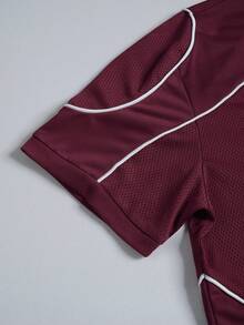 Men's Fashion Sports Mesh Patchwork Burgundy Short Sleeve 0 Digit Minimalist Print Split T-Shirt, Suitable For Spring/Summer Casual Daily Wear, Street Boyfriend Gift - Burgundy - View 4