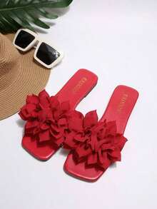 Breezelady Women's Cute Floral - Decorated Slide Sandals, Open Toe, Flat Heel, Bohemian - Sweet Style, Red, Fabric Material, Summer Daily & Party Shoes - 紅色 - 查看 3