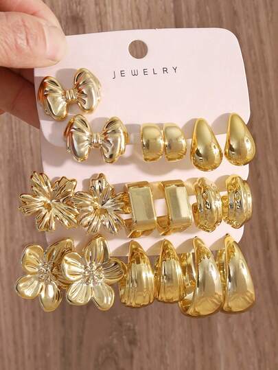 3/9 Pairs European & American Latest Fashion Bowknot, 5-Petal Flower Earring Set, Gold-Plated Women's Earrings, Teardrop/C-Shaped Hoop Earrings, Gift For Family/Friends And Her