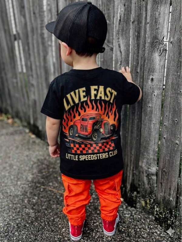 1pc Baby Boys' Printed Casual Crew Neck Short Sleeve T-Shirt, Summer Childrenswear - This Eye-Catching T-Shirt For Babies And Toddlers Brings Joy And Happiness To Every Child! Racing Flag Print, Racing Elements