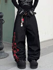 1 pieza Jeans de pierna ancha con bordado de estilo callejero de moda para hombres, suelto y cómodo, versátil para todas las estaciones (No se incluye cinturón ni accesorios) - Negro - Ver 2