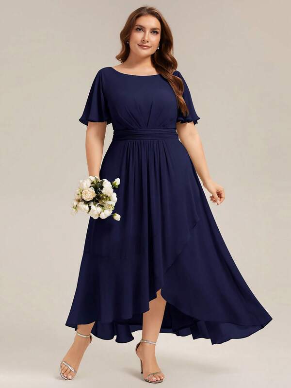 EVERPRETTY Plus Size Elegant Chiffon Ruffle Sleeve Asymmetric Hem Bridesmaid Dress, Navy Blue, Spring/Summer Wedding Guest Party Holiday