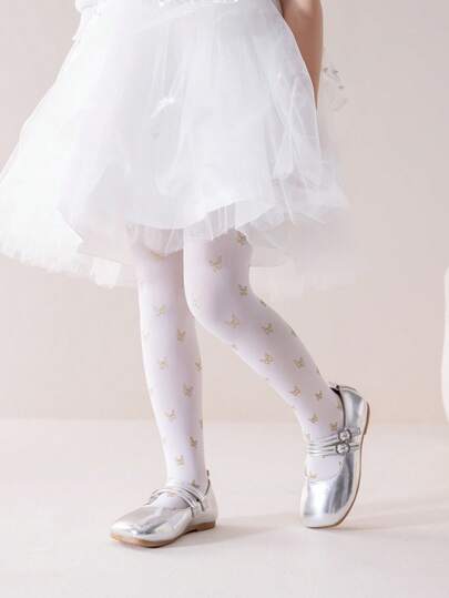 1pc Gold Butterfly Pattern Dance Socks For Girls, Fashion Cute Soft Comfortable Casual Leggings, Versatile Lightweight Breathable White Stockings, Suitable For Princess Dress, Dance Practice, Leisure Activities, Party