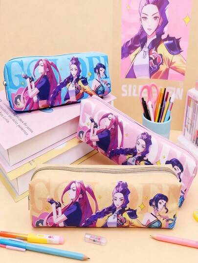 Mattel 1 pieza Estuche de lápices del grupo de chicas de caza de brujas de KPOP, estuche de lápices de una sola capa con cremallera de PU, útiles escolares, regalo de fiesta