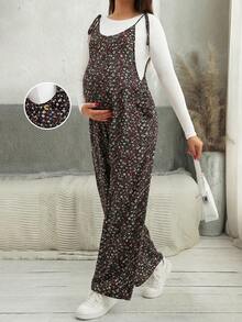 Adjustable Strap Ditsy Floral Maternity Jumpsuit - Black - View 5