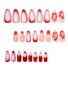 3D Red Flower Pearl Glitter Diamond Tie Dye French Manicure Nail Stickers, Suitable For Women & Girls Spring/Summer Party, Date, Daily, Office, Includes 1 Nail Sticker Sheet & 1 Mini Nail File, Random Delivery Nails - Multicolor - View 2