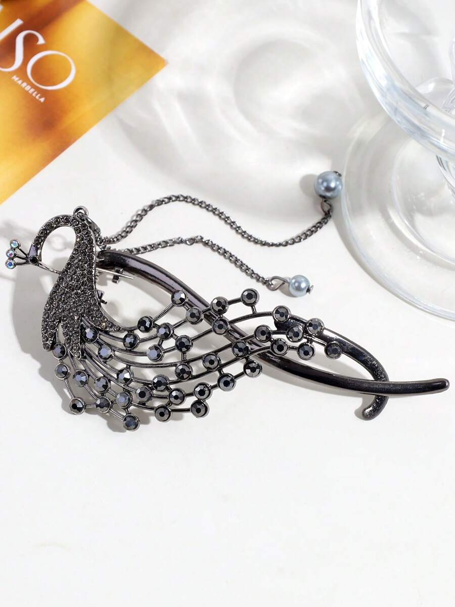 1pc Women's Fashion Elegant Peacock Crystal Alloy Tassel Faux Pearl Hair Clip, Suitable For Everyday Wear - Dark Grey - View 1