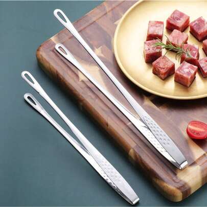 1pc Stainless Steel Food Tongs, Long Handle Non-Slip BBQ Tongs, Steak Tongs, Kitchen Cookware Accessory