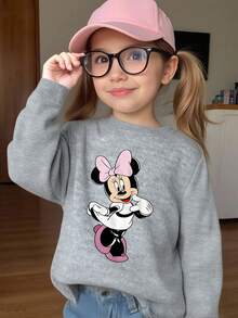 1pc Disney Minnie Mouse Playful Dancing Pose Printed Tween Girls Cute Sweatshirt, Soft & Versatile, Ideal For Casual Weekends & School Days - 灰色 - 查看 2