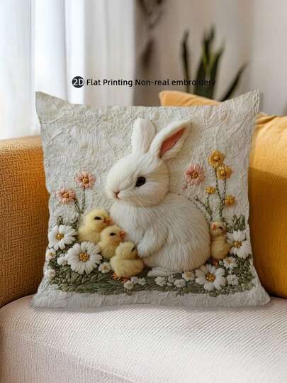 1/2/4 件装复活节兔子枕套 - 柔软涤纶材质，仿刺绣，拉链设计，可机洗 - 可爱的白色兔子和小鸡图案，饰以花卉装饰 - 非常适合沙发或卧室装饰