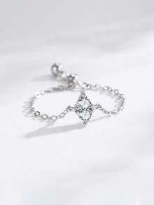 1pc 925 Sterling Silver Fashion Geometric Rhombus Shape CZ Link Chain Adjustable Rings For Women Wedding Engagement Jewelry - Silver - View 1