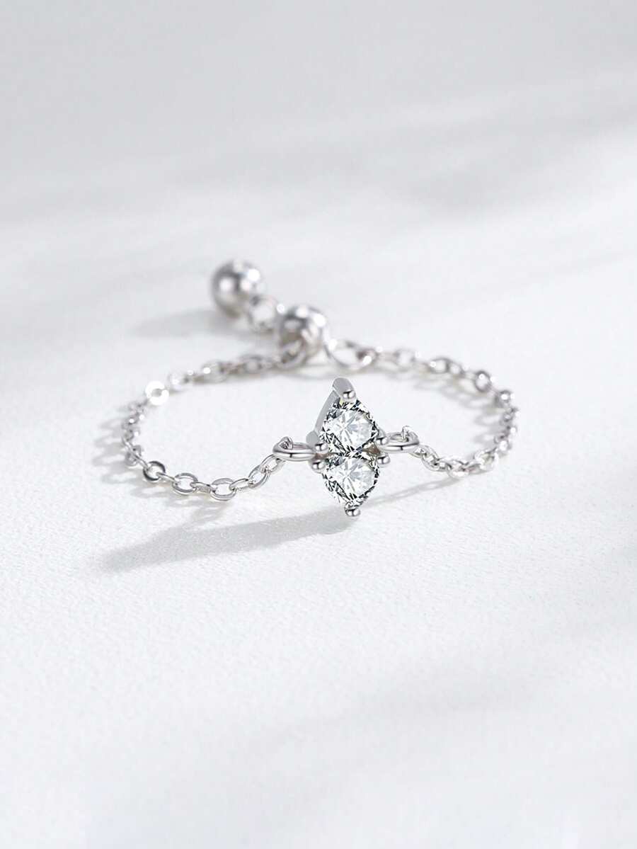1pc 925 Sterling Silver Fashion Geometric Rhombus Shape CZ Link Chain Adjustable Rings For Women Wedding Engagement Jewelry - Silver - View 1