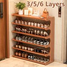 Senmeo 4/5/6-Tier Natural Wood Color Wooden Shoe Rack - Multi-Layer Freestanding Shoe Storage Organizer With Wood Grain Finish, Stackable Shoe Shelves For Entryway, Closet, Hallway, Mudroom, And Front Door, Space-Saving Narrow Shoe Organizer Fits 15-24 Pairs Of Shoes, Easy Assembly Home Storage Supplies For Renters​ - 5 lớp 70 màu nâu - Xem 2