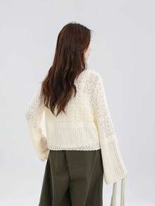 Korean Design Hollow Lace-Up Knit Cardigan With Flare Sleeves, Cropped Top - Apricot - View 5
