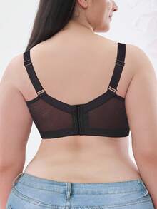 Plus Size Lace Wide Strap Bra - Smooth Thin Padding, Bow Decor, Underwire Support, Lace Trim - Black - View 6