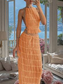 Chiffon Multi-Layer Ruffle Lace Trim Backless Camisole Maxi Dress Set, Romantic Elegant 2-Piece, Suitable For Christmas, Party, Gothic, Wedding And Other Occasions - Light Orange - View 7