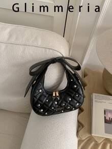 Fashionable Bowknot Rhombus Pearl Shoulder Underarm Bag, Handbag & Crossbody Bag For Women - Black - View 2