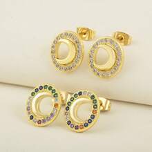 High Quality Gold Plated Shiny Crystal Zirconia Oval Shape Moon Stud Earrings For Women Hollow Design Fashion Versatile Ear Jewelry - White - View 2