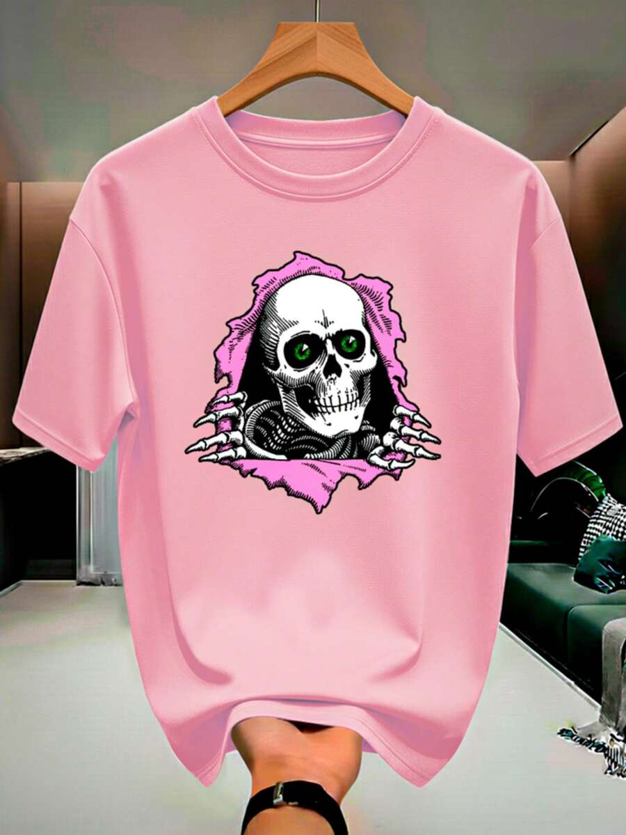 Skull Skeleton Streetwear T-Shirt, 100% Cotton, Men's And Women's Unisex Premium Shirt - 淺粉色 - 查看 1