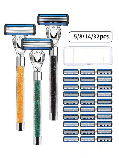 5/8/14/32pcs Delicate 6-Layer Blade Manual Shaver, Simple Transparent Textured Replaceable Razor Heads With Storage Box, Underarm/Leg/Bikini Hair Removal Tool