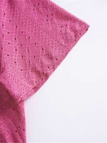 Embroidered Square Neck T-Shirt, Casual Short Sleeve Front Pleat Top, Women Apparel For Spring/Summer - Hot Pink - View 6