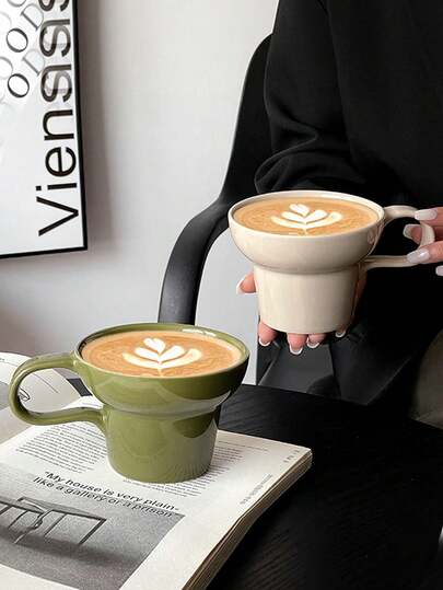 1 كوب إفطار سيراميك أخضر وبيج كلاسيكي، كوب عالي الجودة، أحادي اللون، تصميم بسيط، مناسب للقهوة والحليب