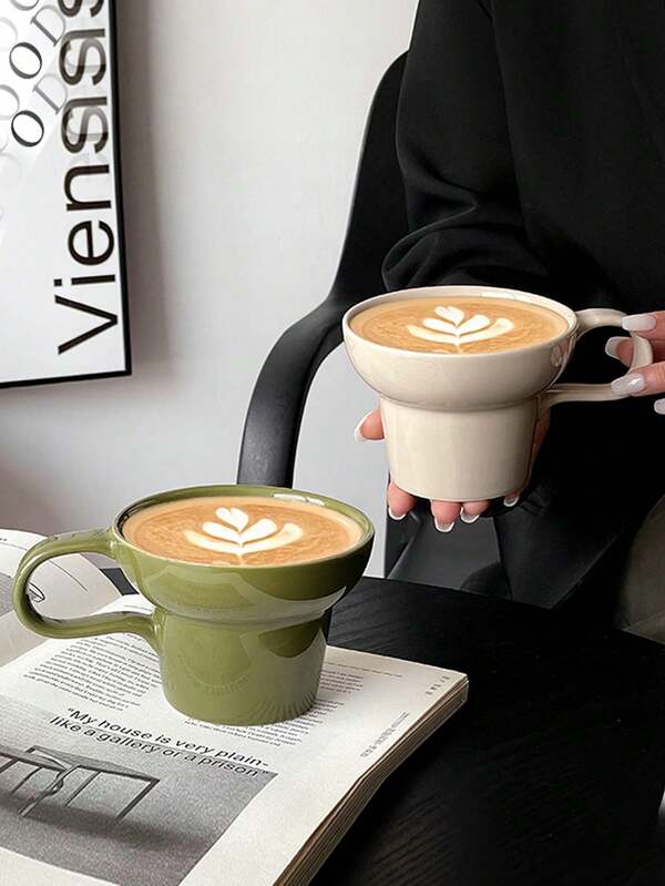 1ชิ้น แก้วอาหารเช้าเซรามิกสีเขียวและสีเบจ สไตล์เรโทร, แก้วคุณภาพสูง, สีพื้น, ดีไซน์เรียบง่าย, เหมาะสำหรับกาแฟ, นม