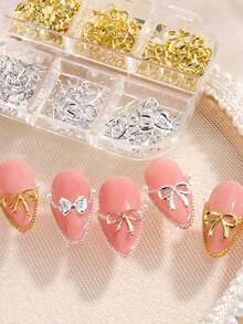 1 Box Cut Out-Schleifen Nageldekoration - Gold & Silber 3D Schleifen-förmiger Nagel-Schmuck mit Metallperlen, DIY Nail Art Zubehör - Verschiedenfarbig - Übersicht 5
