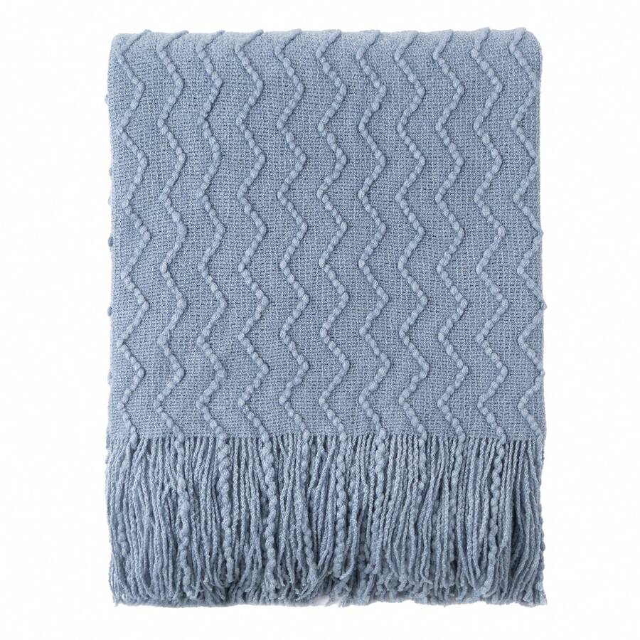 Bluish Grey Throw Blanket For Couch, Textured Knit Throw, Boho Blankets And Throws For Sofa Bed Living Room Decor, Outdoor Throw Blanket, 50"X60" - Bluish Grey - 查看 1