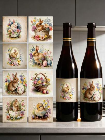 9Pcs Happy Easter Wine Bottle Stickers Labels Waterproof Bunny Rabbit Egg Chick Designs For Holiday Party Decorations Spring Seasonal Table Decor Gifts