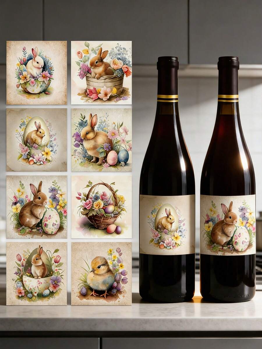 9 piezas Etiquetas adhesivas para botellas de vino de Pascua feliz con diseños impermeables de conejo, huevo y pollito para decoraciones de fiesta, decoración de mesa de temporada y regalos - multicolor - Ver 1