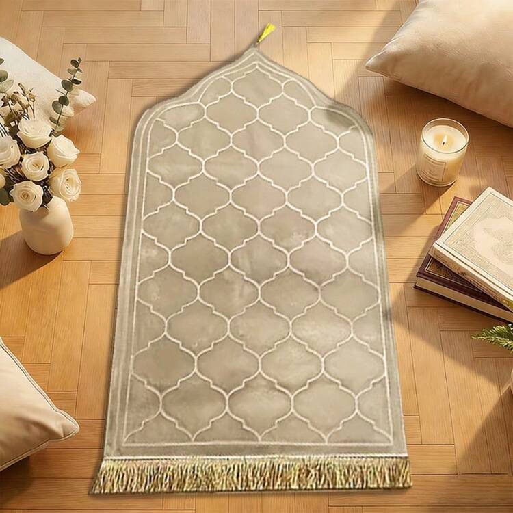 1件法兰绒压花加厚柔软祈祷毯，防滑易清洁大号地毯垫，带流苏 - 駝色 - 查看 6