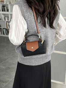 Women's Mini Handbag, Patchwork Color Block, Woven Texture, Crease Detail, Minimalist Shoulder Bag, Magnetic Snap Closure, Casual & Fashionable - Black - View 5