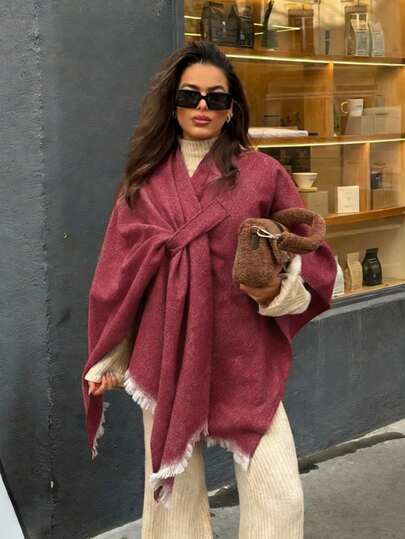 1pc Women's Solid Color Printed Tassel Warm Poncho Shawl, Vintage Street Style Scarf Wrap, Suitable For Daily Wear, Autumn/Winter