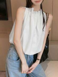 Áo tank top nữ cổ tròn, dáng rộng, thắt dây rút, màu trắng, kiểu dáng thường ngày, thích hợp cho mùa hè. - trắng - Xem 7