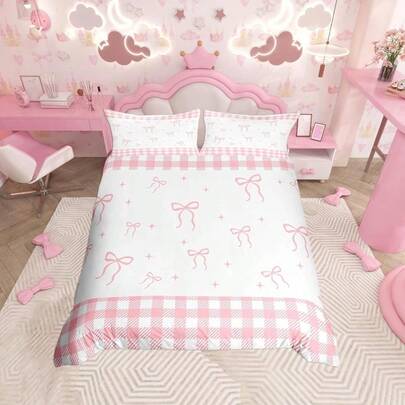 2/3pcs White & Pink Plaid Bow Duvet Cover Set With Ribbon Bow Decor - Soft Pastel Bedding In Pink, Blue, Yellow, Green, Brown | All-Season Comforter Set With Zipper Closure, Machine Washable, Birthday Gift For Women, , Adults | Cozy Room Decor